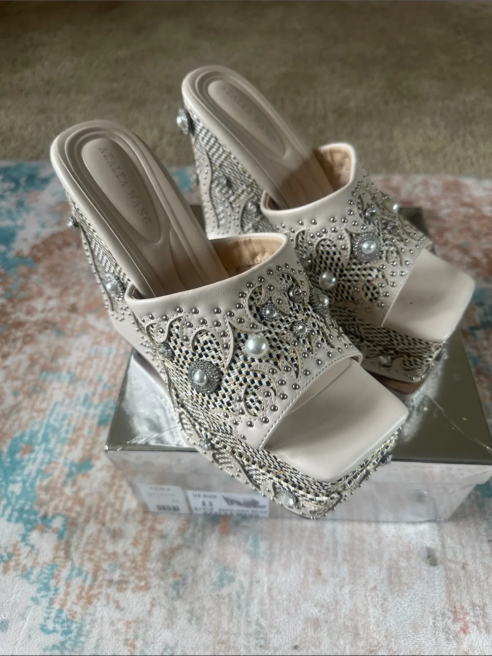 Azalea Wang Ivory Crystal Embellished Platform Wedge Mules